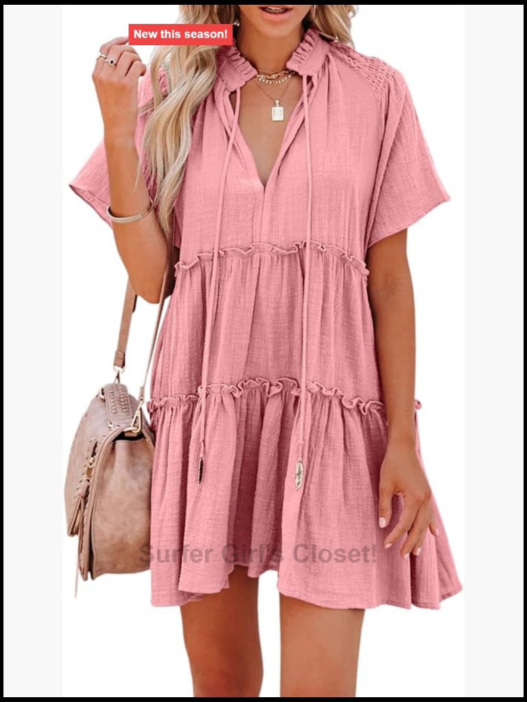 V Neck Drawstring Ruffle Tiered Short Sleeve Babydoll Mini Swing Sundress